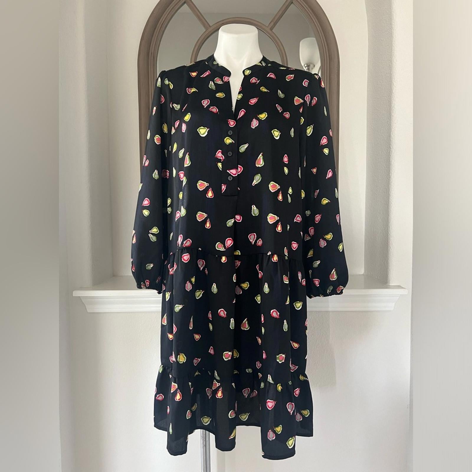 Nic+Zoe Tiered Long-Sleeve Dress w/Mandarin Collar, Black Multi, Size L NWT $188