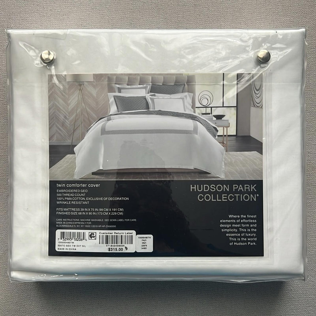 Hudson Park Collection Silver 500TC Embroidered Geo Duvet Cover, Twin NEW in Box