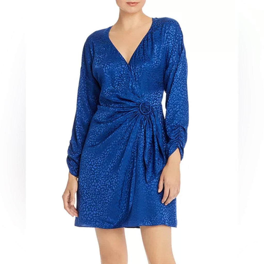 Parker Linda Cheetah-Print Faux-Wrap Silk Dress in Ultramarine Blue, Size 0 NWT