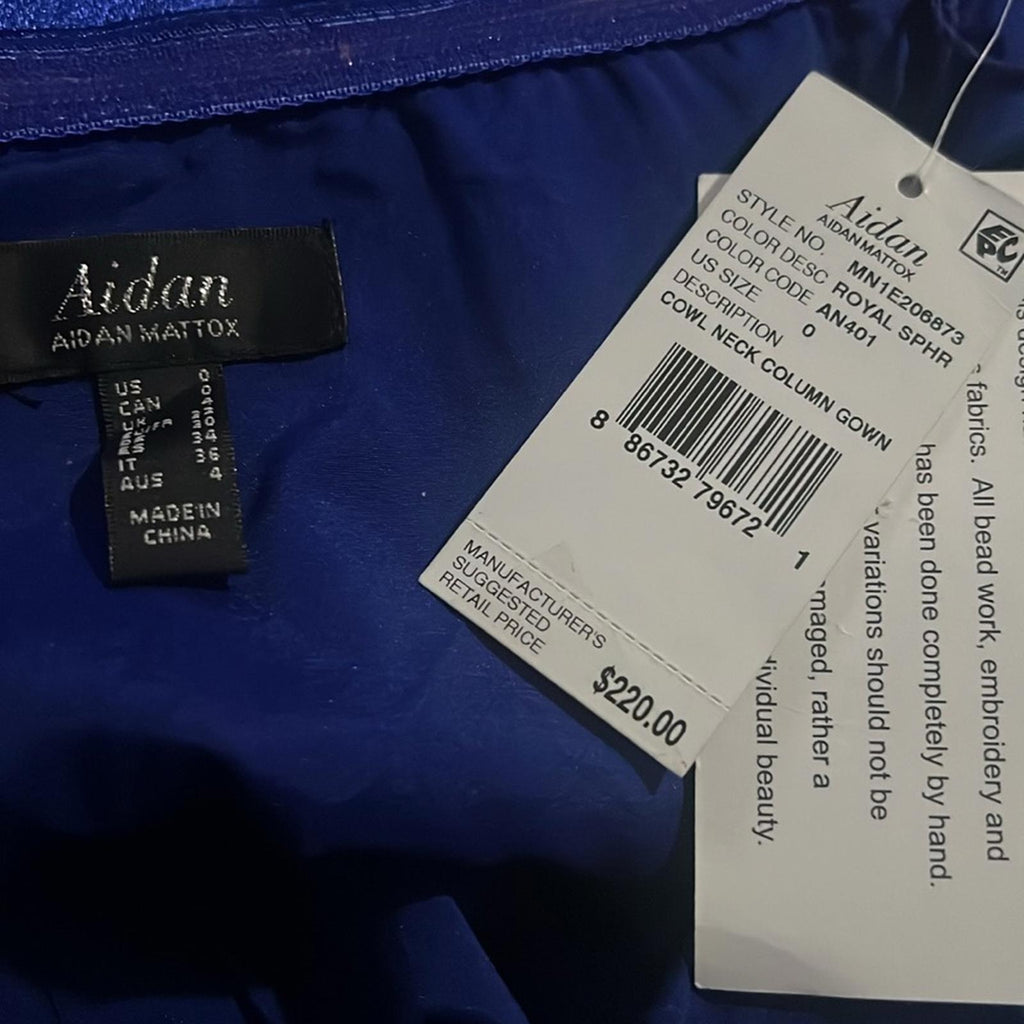 Aidan Mattox Satin Cowl Neck Gown in Royal Sapphire, Size 0 NEW w/Tag $220
