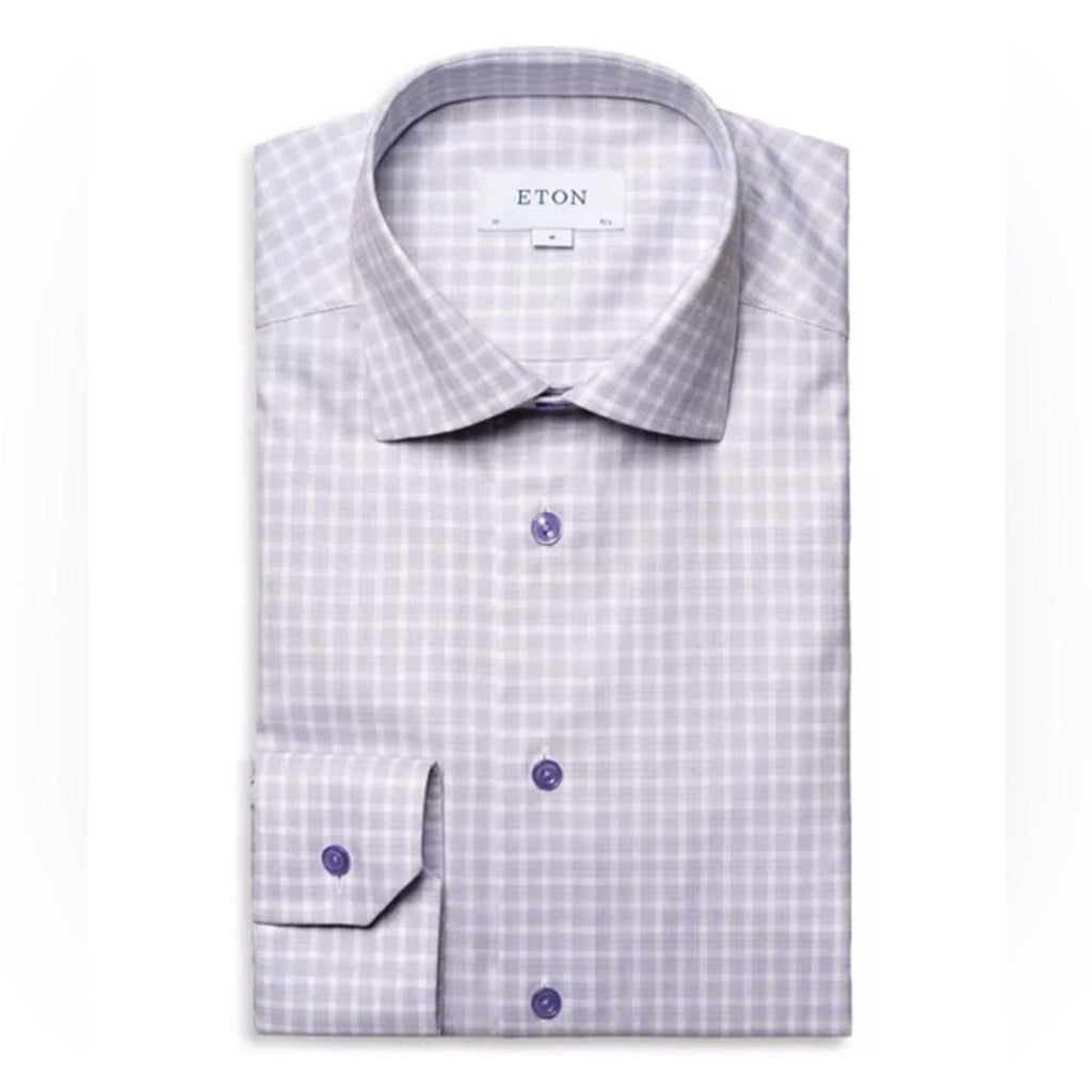 Eton Contemporary Fit Check Cotton Lyocell Shirt in Light Purple, Size 15.5, NEW