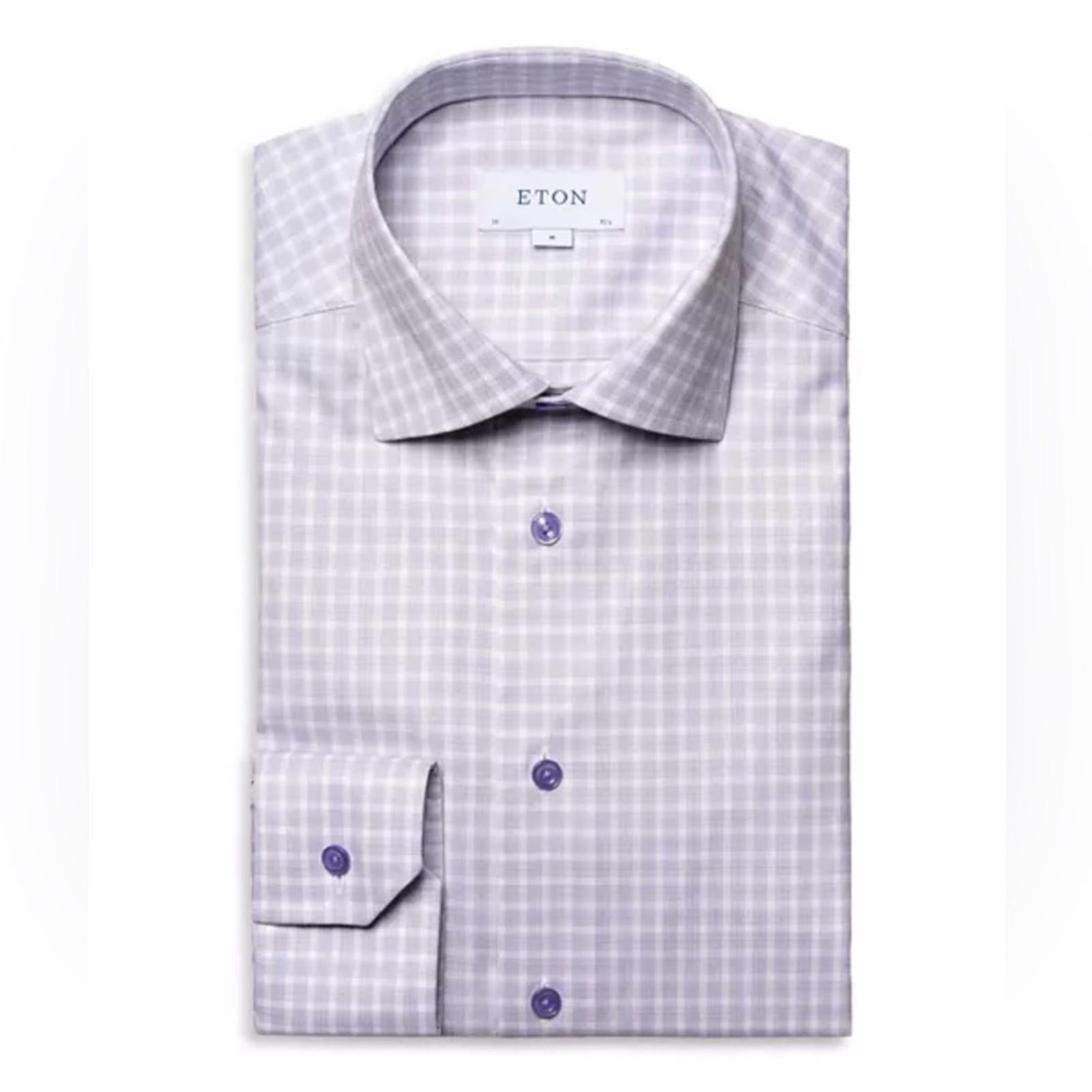 Eton Contemporary Fit Check Cotton Lyocell Shirt in Light Purple, Size 15.5, NEW