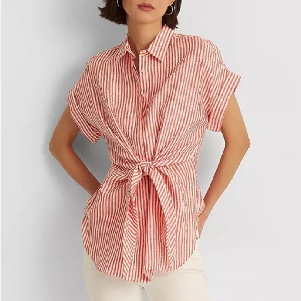 Lauren Ralph Lauren Striped Tie Front Linen Shirt in Red/White, Size 2X, NEW