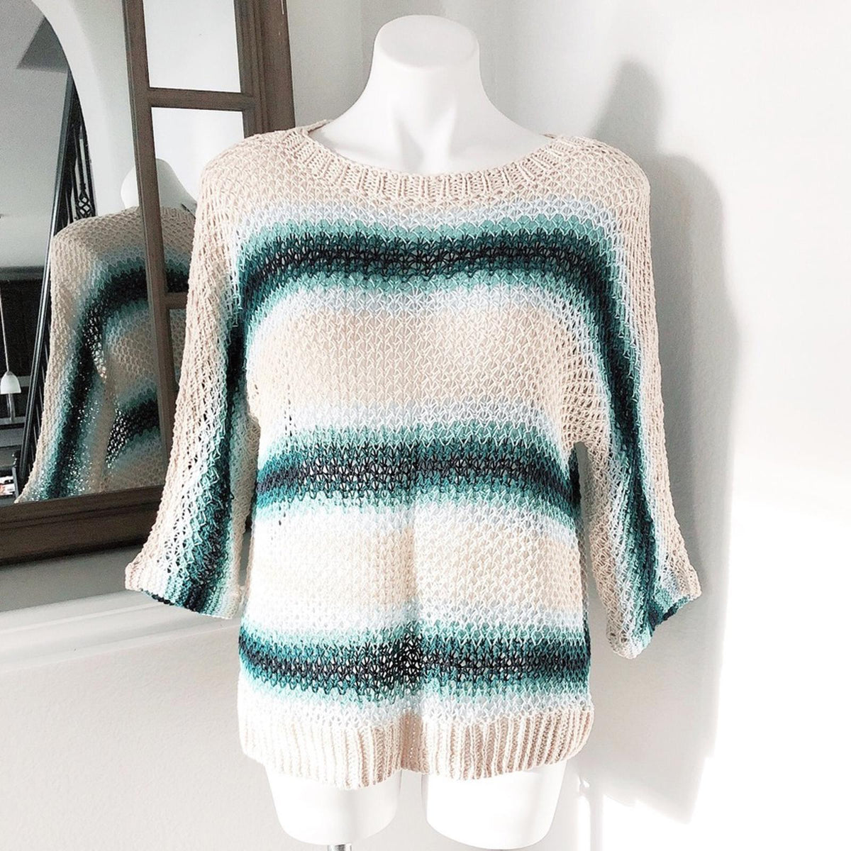 J.Jill Linen Crochet Sweater in Navy Blue Multicolor Top, Size M, New w/Tag
