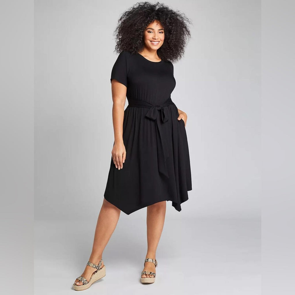Lane Bryant Asymmetric Belted Midi Dress in Black, NWT, Size 14/16