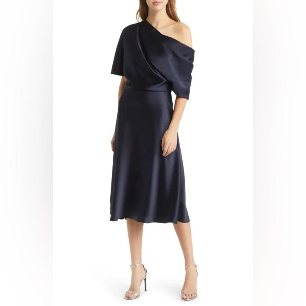 NEW Amsale NAVY One Shoulder Fluid Satin Cocktail Midi Dress, Size 4 Retail $385