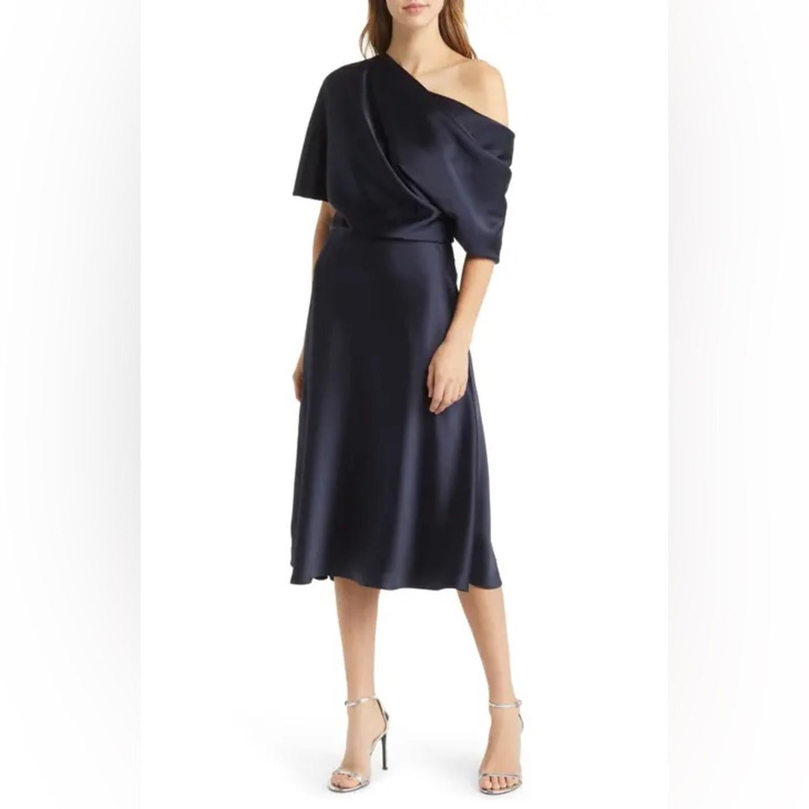NEW Amsale NAVY One Shoulder Fluid Satin Cocktail Midi Dress, Size 4 Retail $385