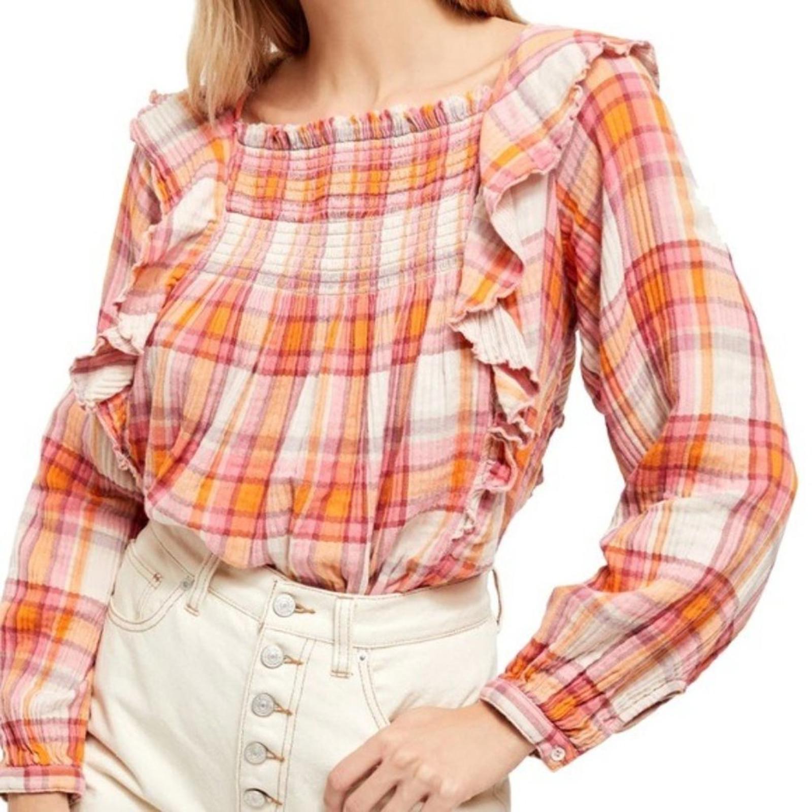 Free People Siena Plaid Long Sleeve Ruffle Top Cotton Size XS New w/Tag