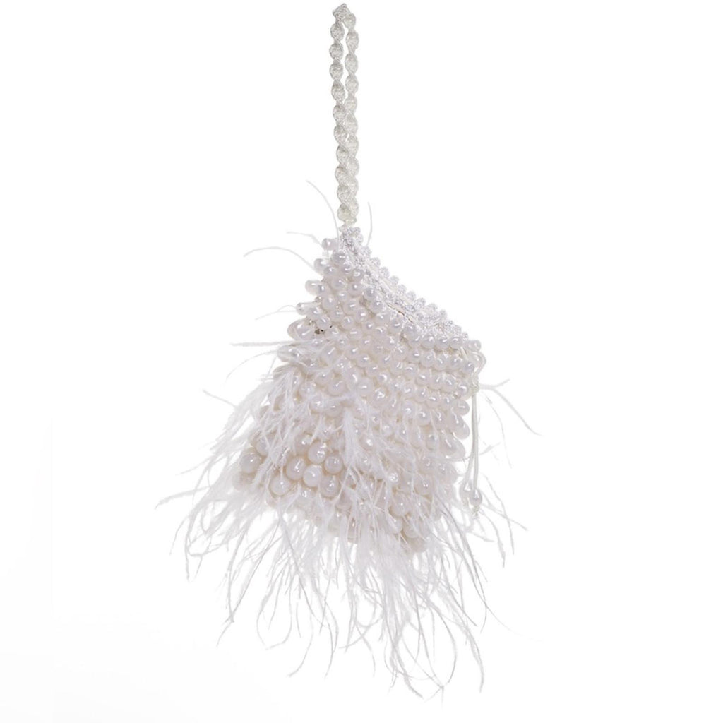 Cult Gaia Dory Ostrich Feather Beaded Wristlet in White, NWT