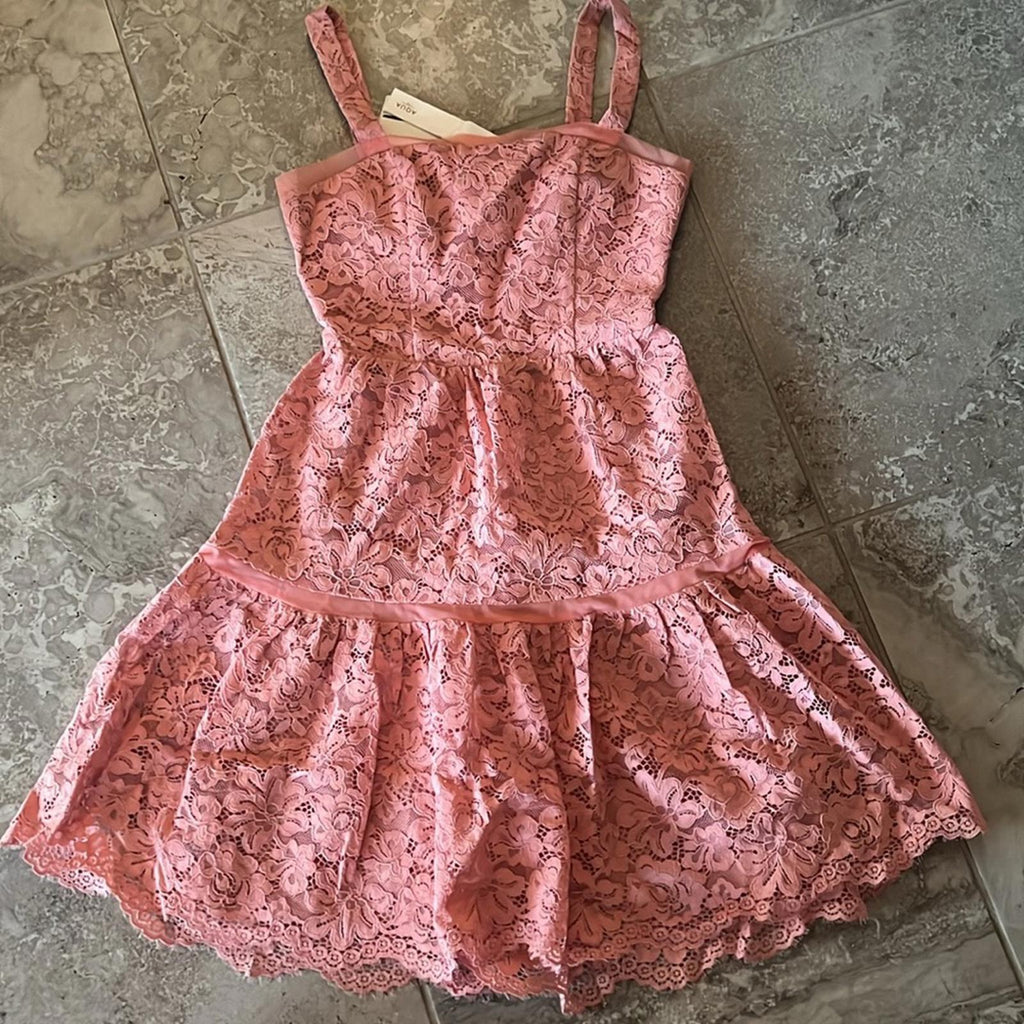 Bloomingdale’s Aqua Rosette Lace Tiered Dress, Size 4 New w/Tag Retail $278