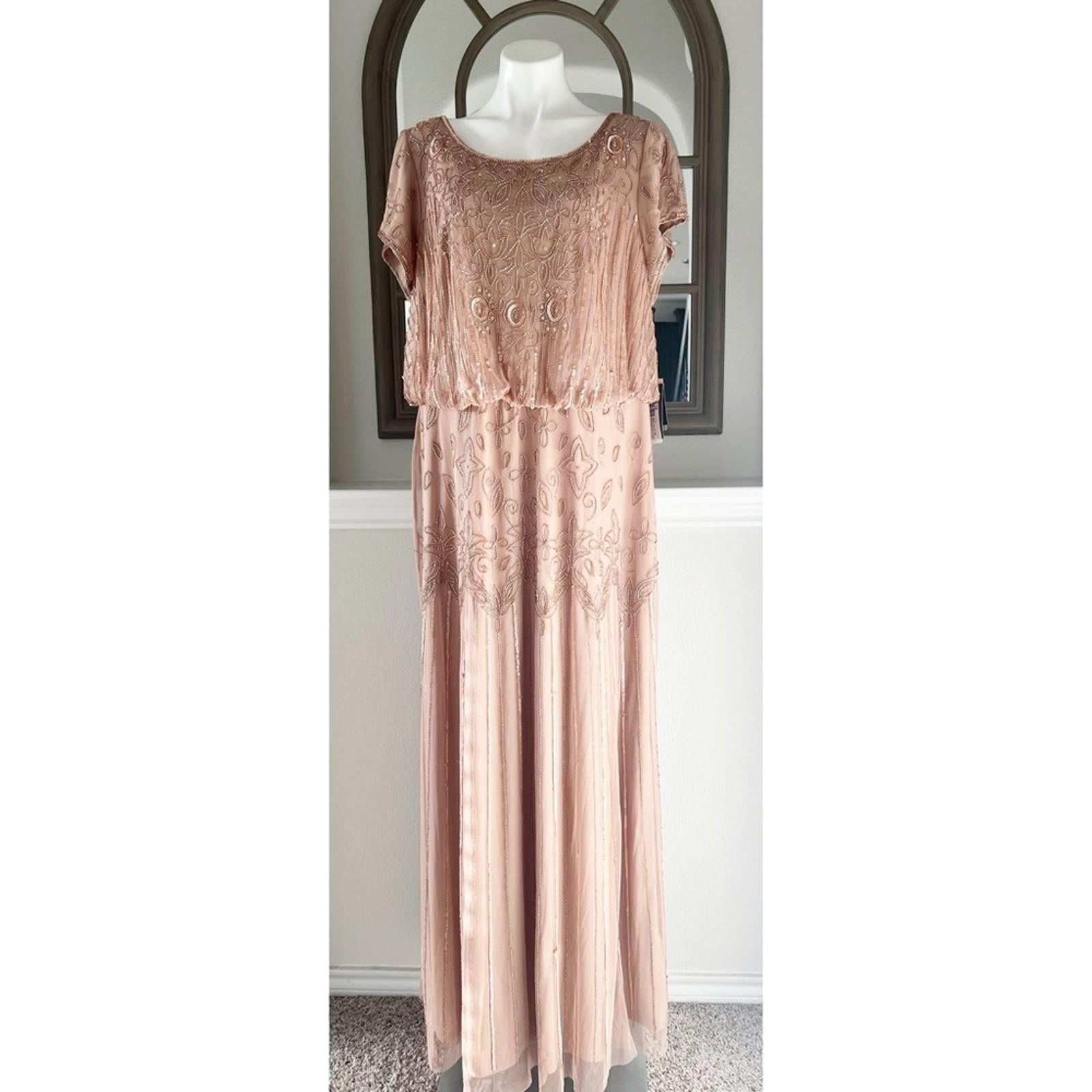 Adrianna Papell Short Sleeve Beaded Gown, Rose Gold Plus Size 20W New w/Tag