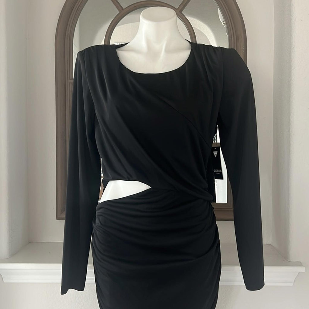 Guess Ruched Cut-Out Long-Sleeve Dress in Black, Size 14 New w/Tag $138