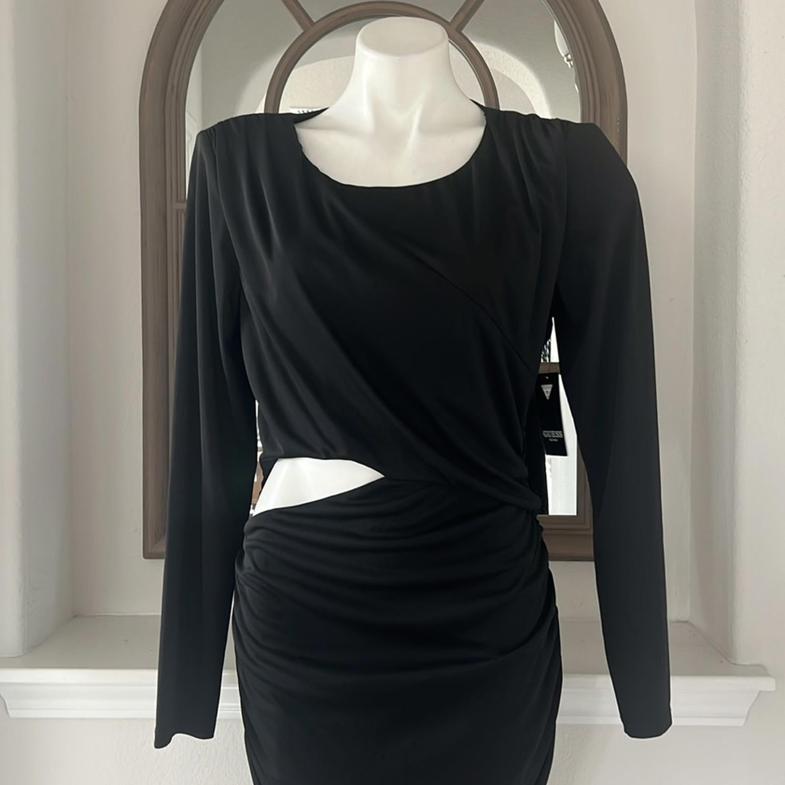 Guess Ruched Cut-Out Long-Sleeve Dress in Black, Size 14 New w/Tag $138