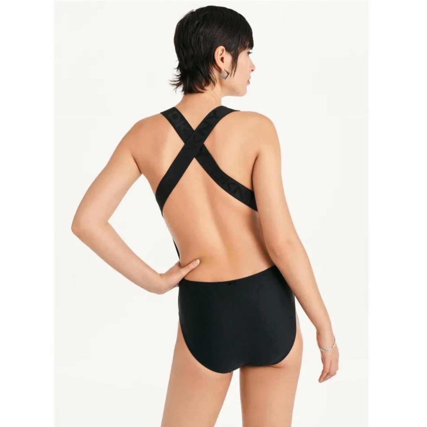 DKNY Logo Cross-Back One-Piece Swimsuit in Black, Size L NEW w/Tag $108