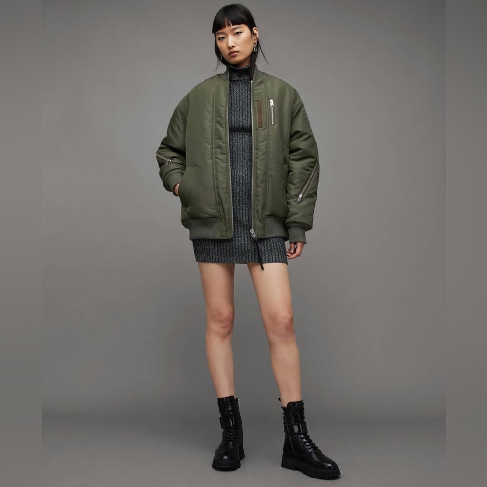 All Saints Scout Ruched Bomber Jacket in Khaki Green, Size L New w/Tag