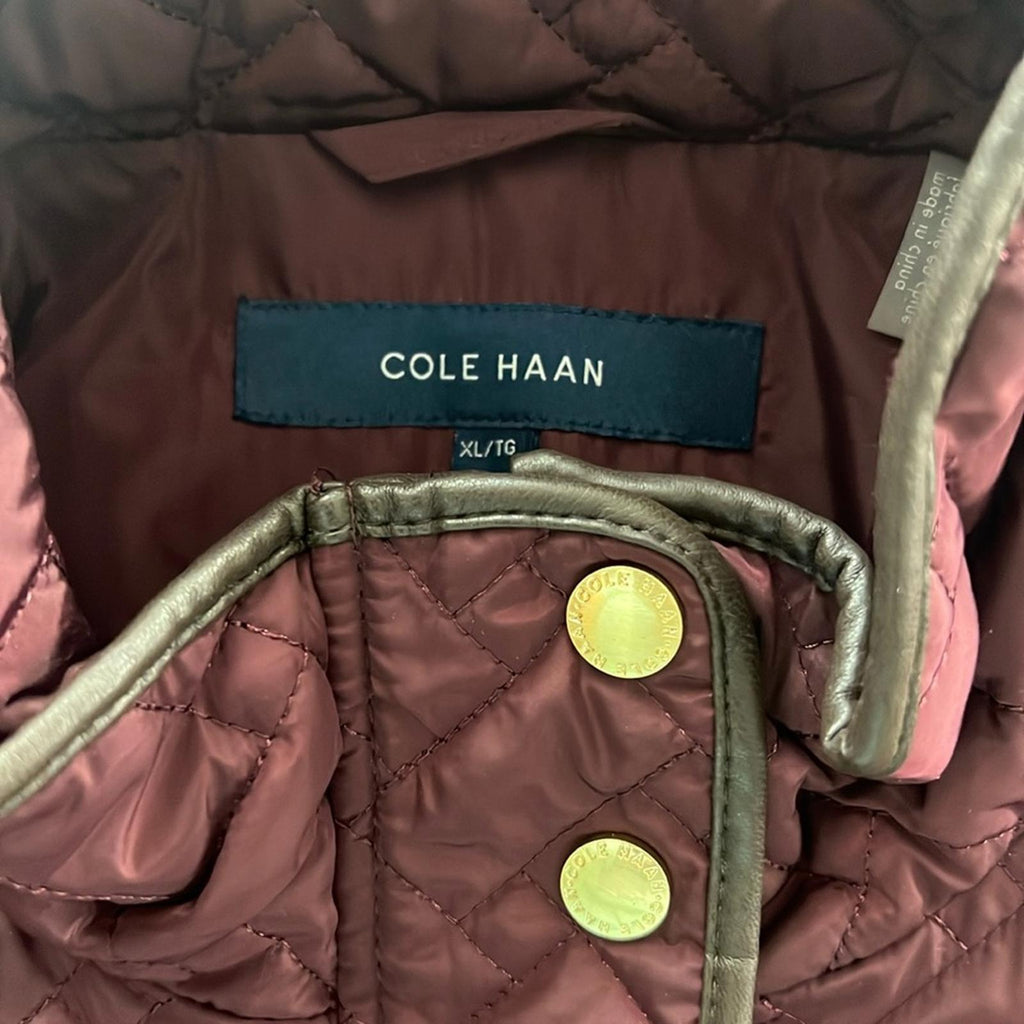 Cole Haan Burgundy Quilted Long Jacket w/Brown Leather Trim, NO BELT XL $260