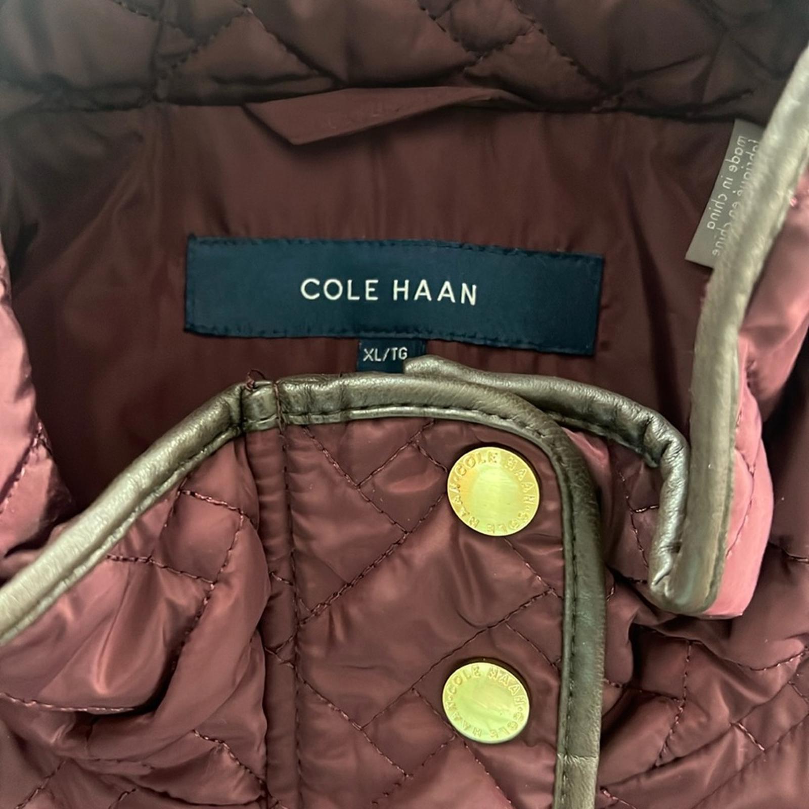 Cole Haan Burgundy Quilted Long Jacket w/Brown Leather Trim, NO BELT XL $260