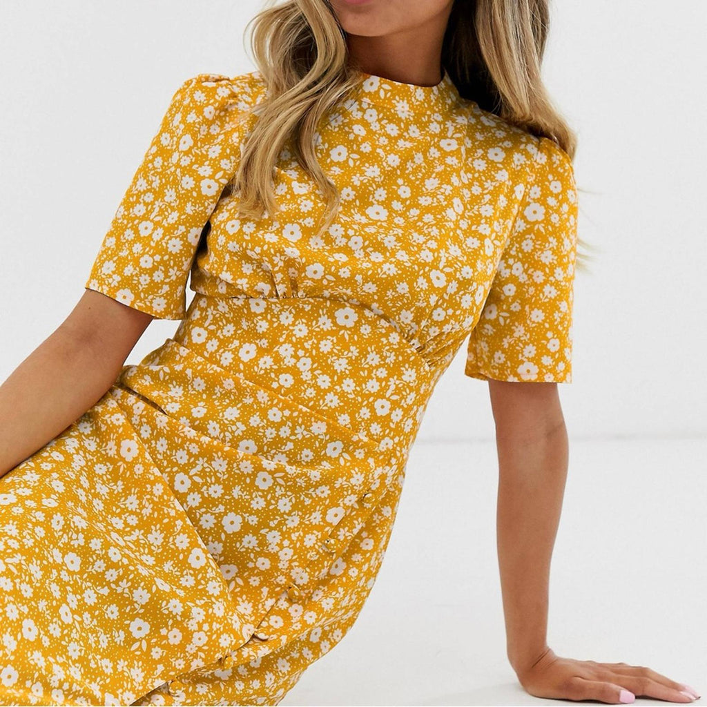 New ASOS Midi Tea Dress with Buttons, Mustard based Floral, Size US12, EU44