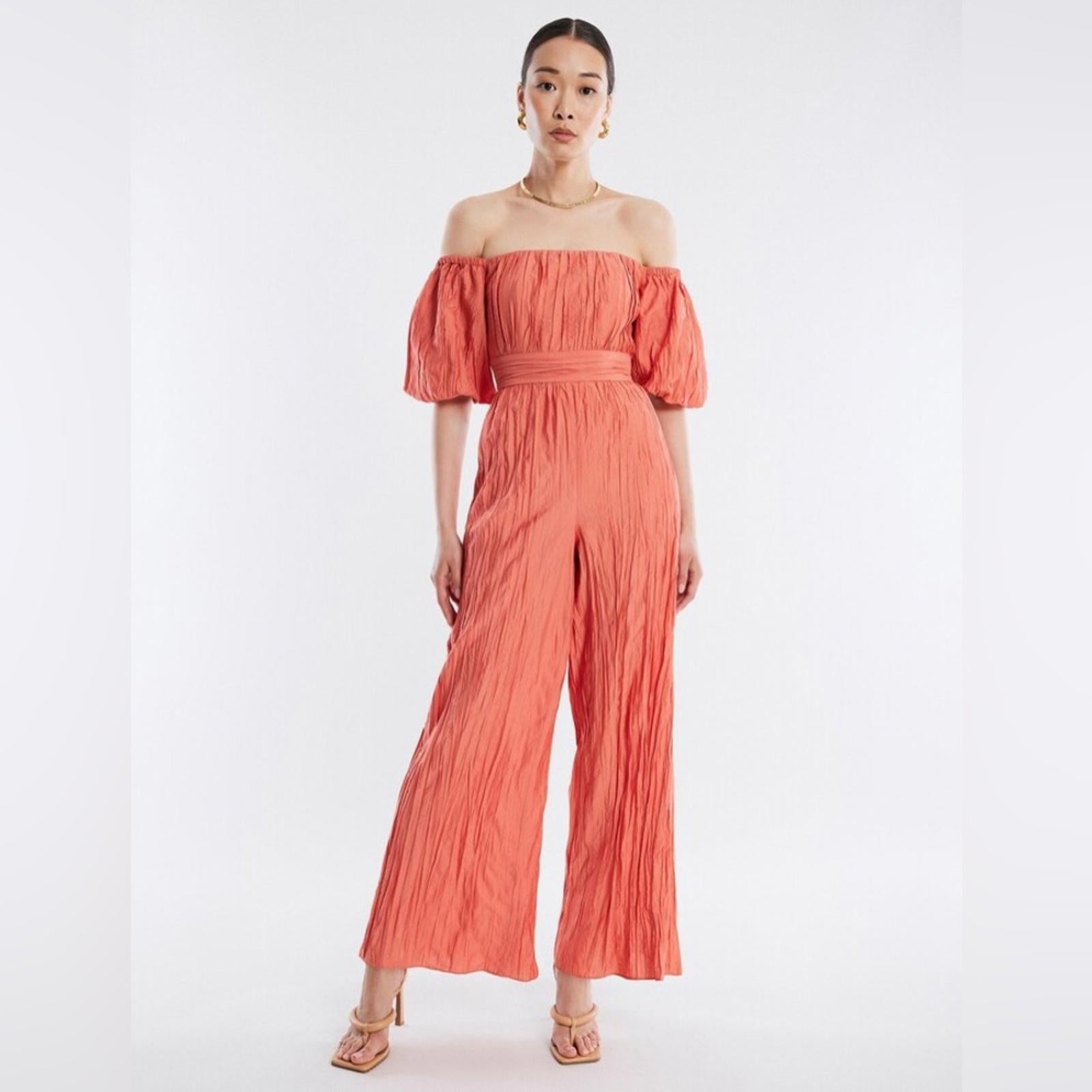 BCBGMAXAZRIA Felix Puff Sleeve Jumpsuit, Coral Size 2 New w/Tag Retail $348