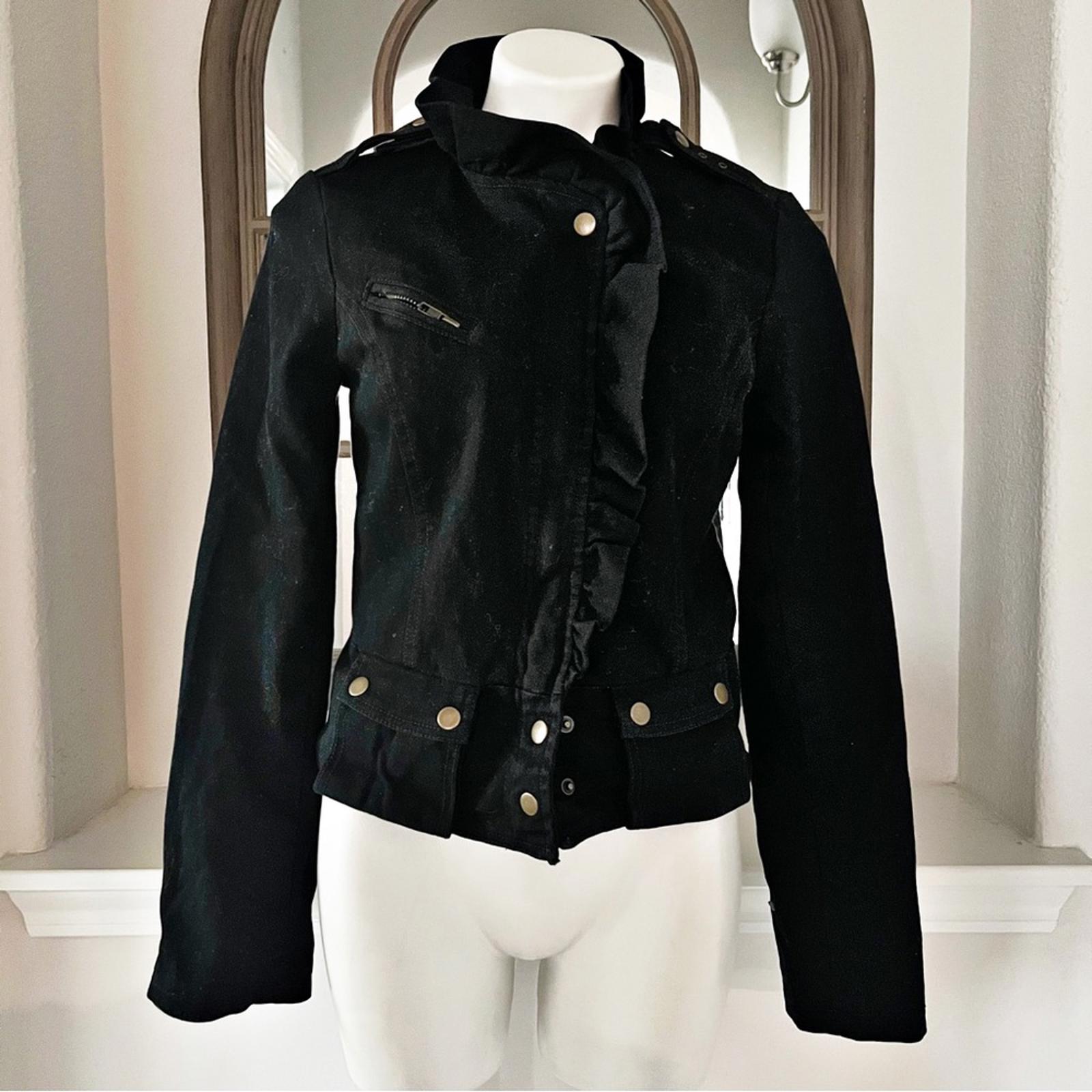 Anthropologie’s Sanctuary Ruffle Collar Denim Moto Jacket, Black Size S