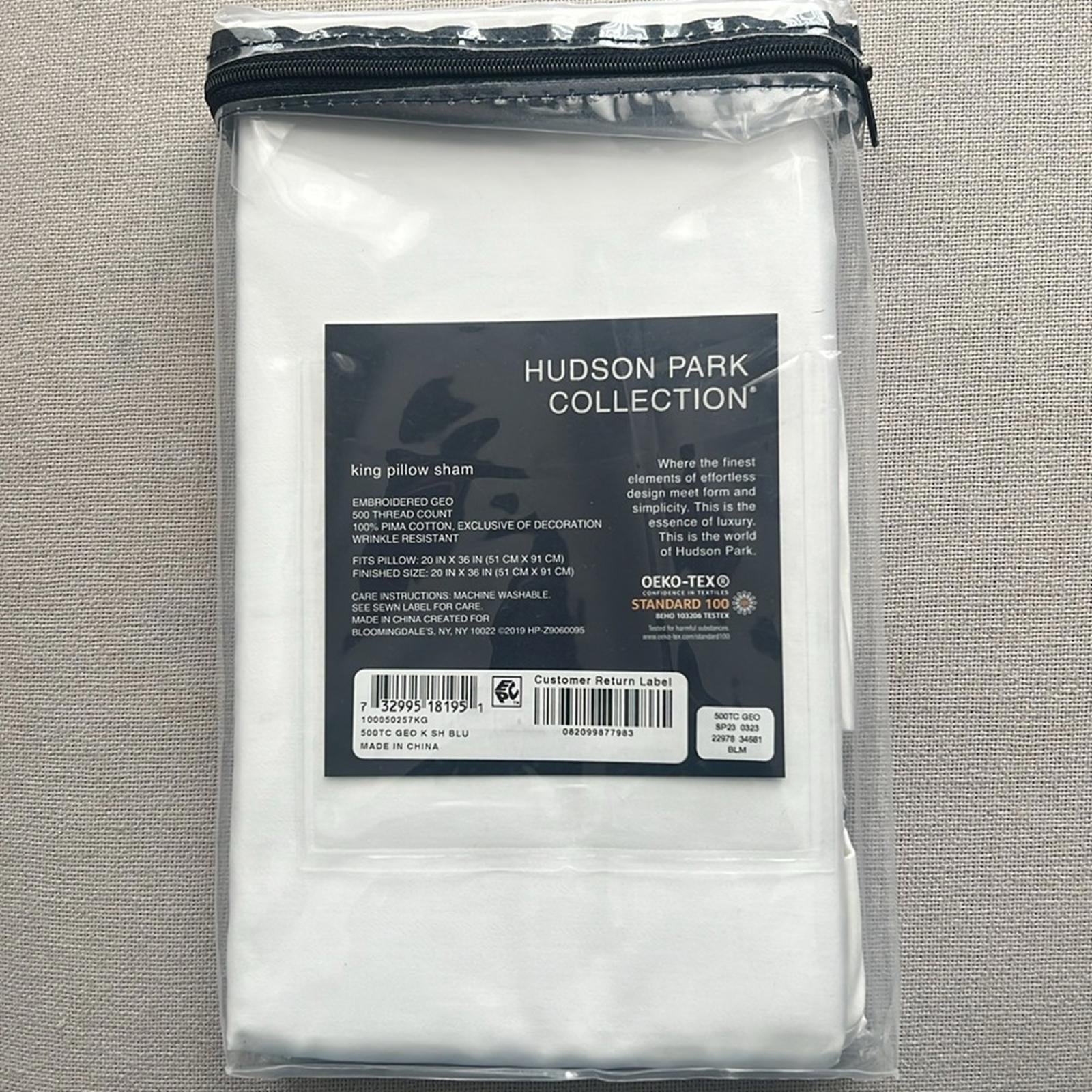 Hudson Park Collection Embroidered Geo King Sham, 500 Thread Count, White/Blue