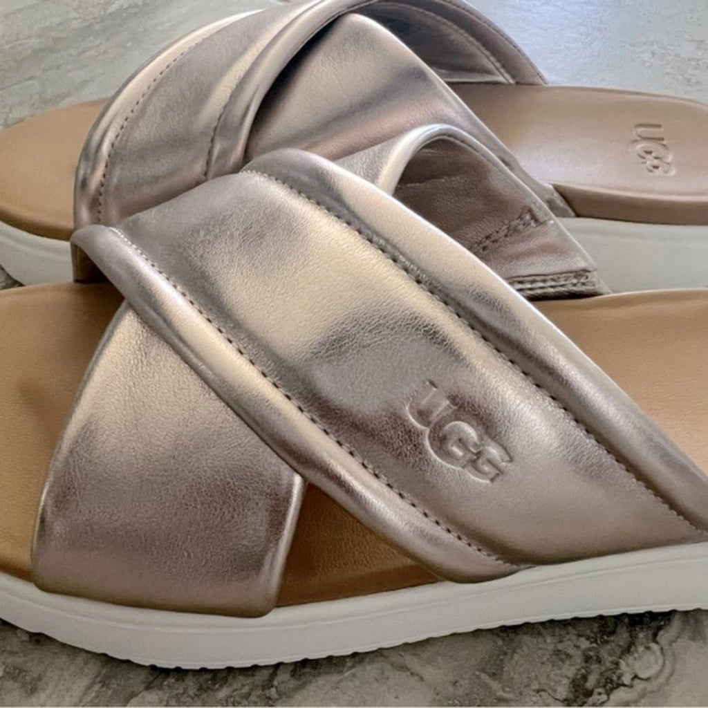UGG Zayne Leather Platform Sandals, Metallic Blush & White Size 6 New w/o Box