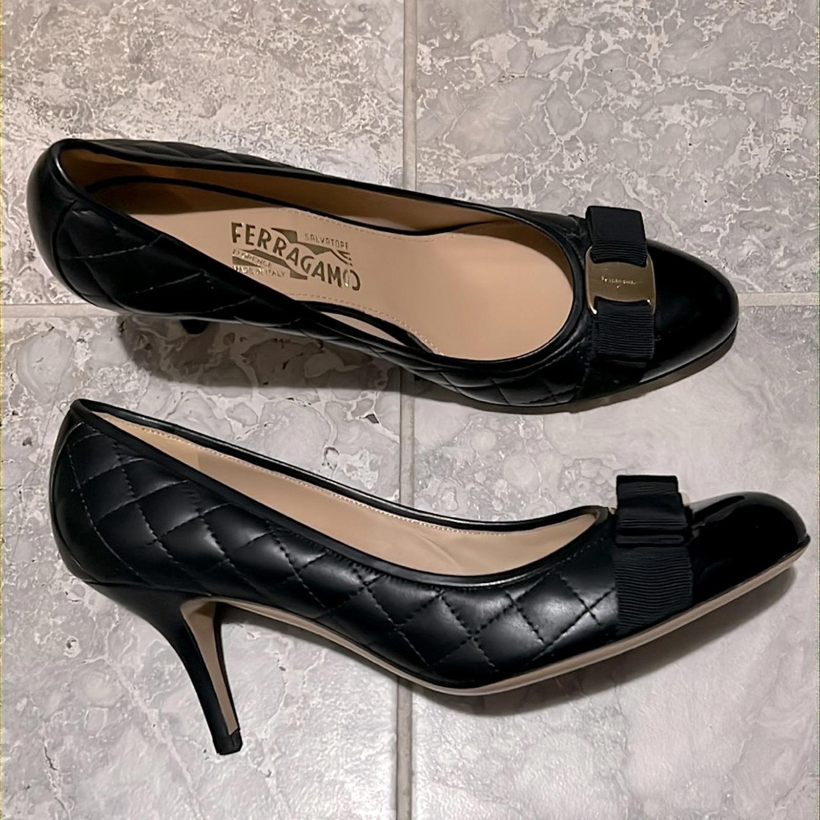 Ferragamo Carla Quilted Leather Cap Toe Pumps in Black, NWT, Size 11 B
