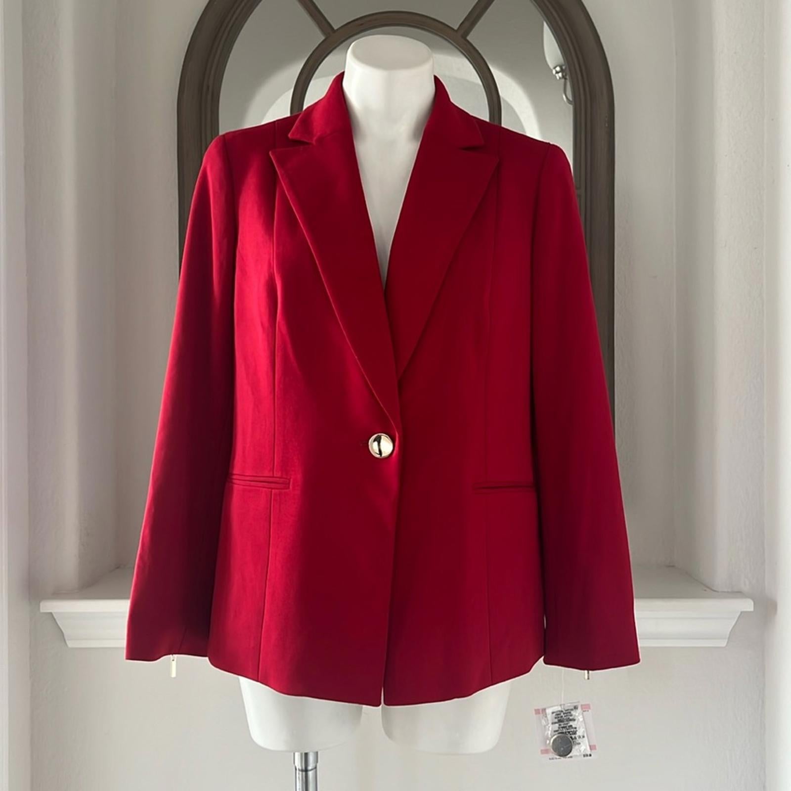 Kasper Zip Cuff Notched Collar One-Button Blazer in Red Petite Size 10, New $129