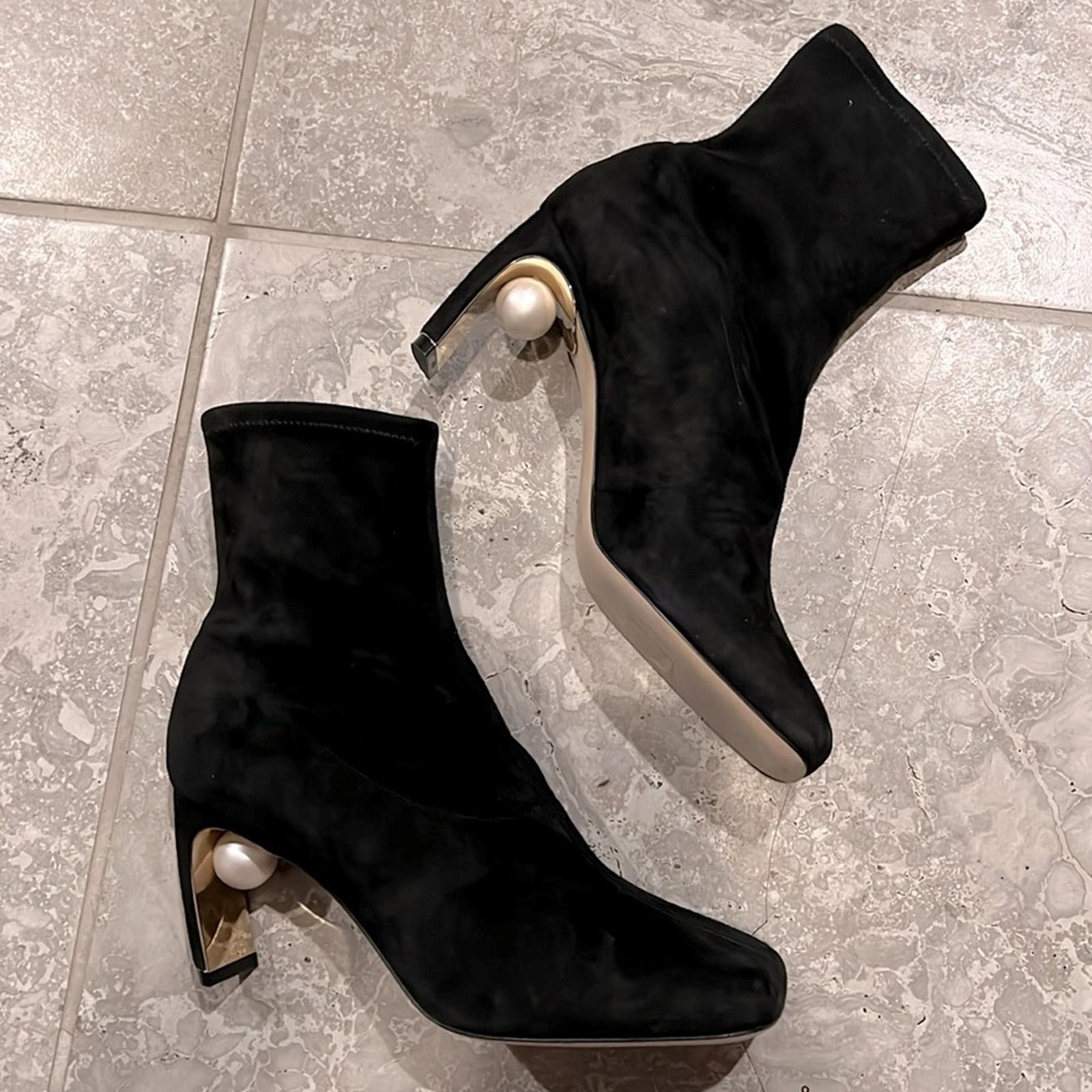 Nicholas Kirkwood Maeva Faux Pearl Stretch Booties in Black, Size 38.5 NEW $895