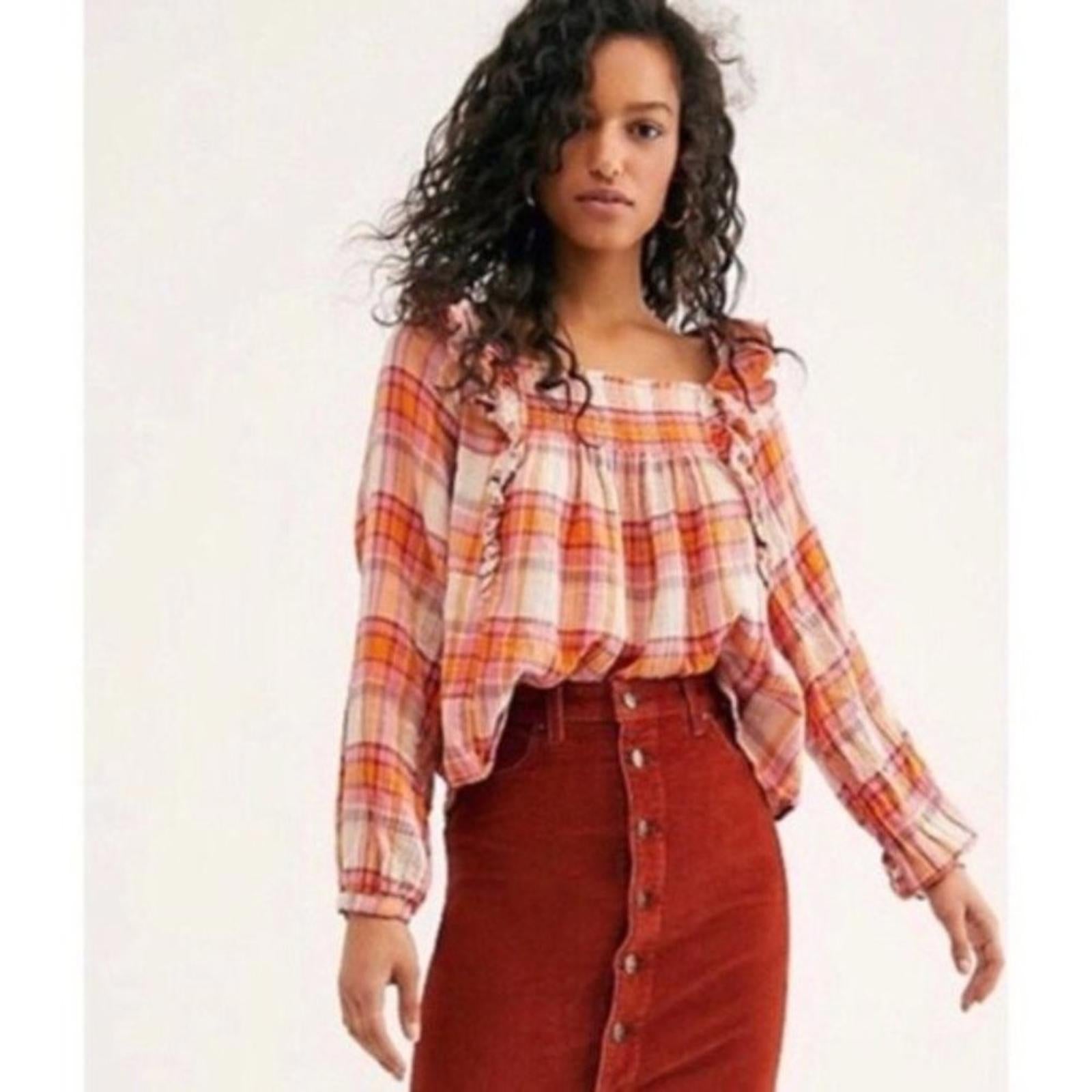 Free People Pullover Plaid Long Sleeve Ruffle Top, Size M New with Tag