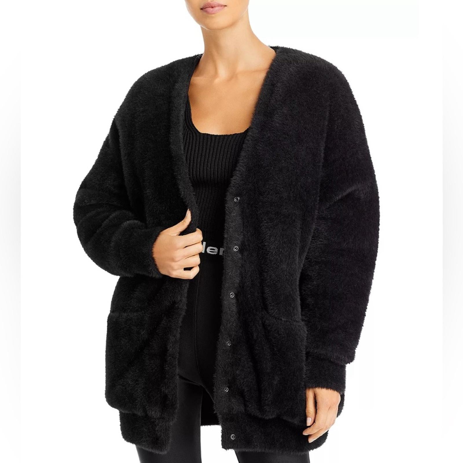Alexander Wang Faux Fur V-Neck Cardigan w/Quilted Lining, Black Size S New w/Tag
