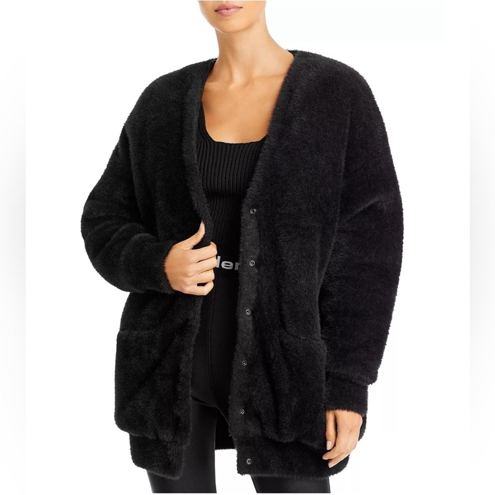 Alexander Wang Faux Fur V-Neck Cardigan w/Quilted Lining, Black Size S New w/Tag