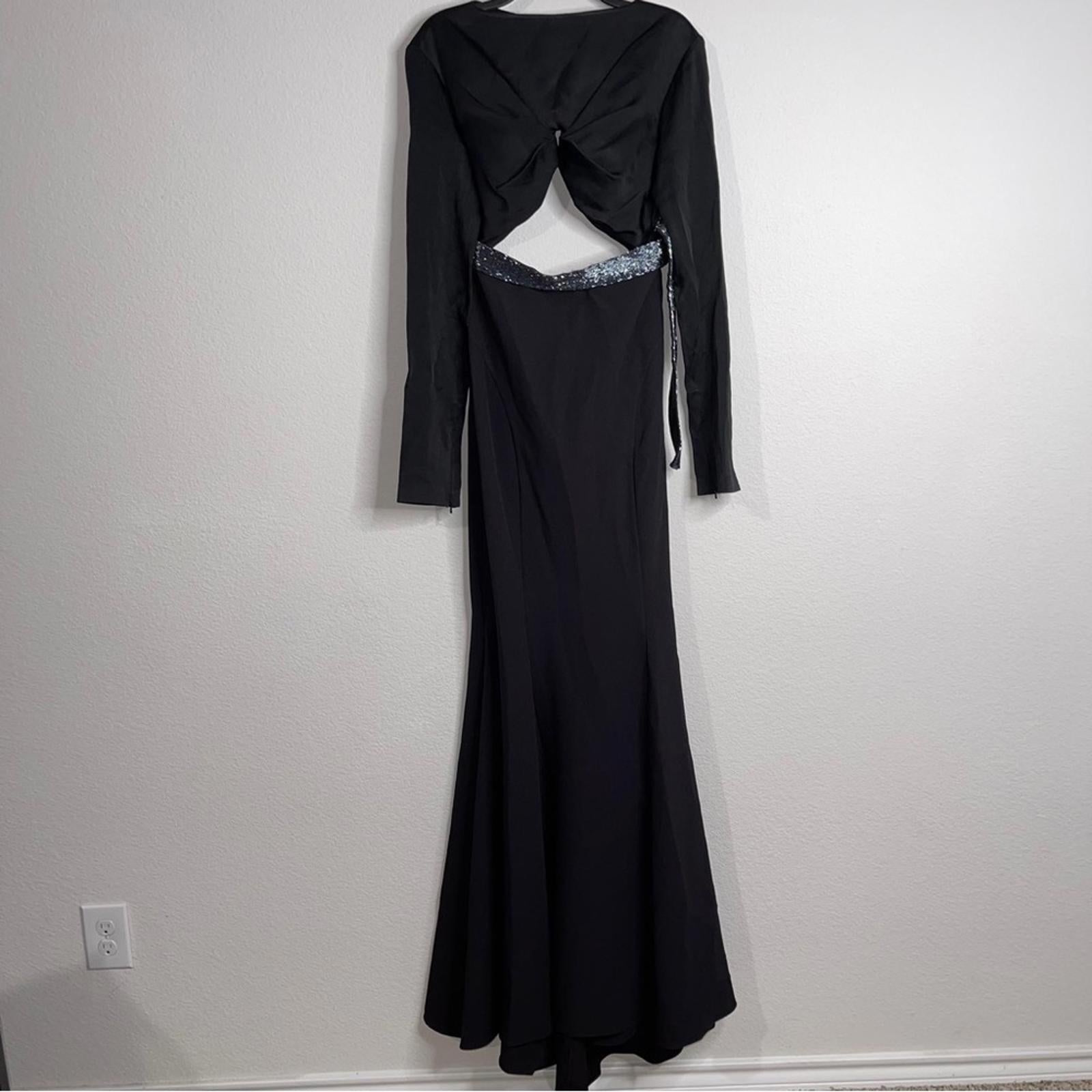 Safiyaa BLACK Cutout Beaded Belt Gown with Gun Metal New