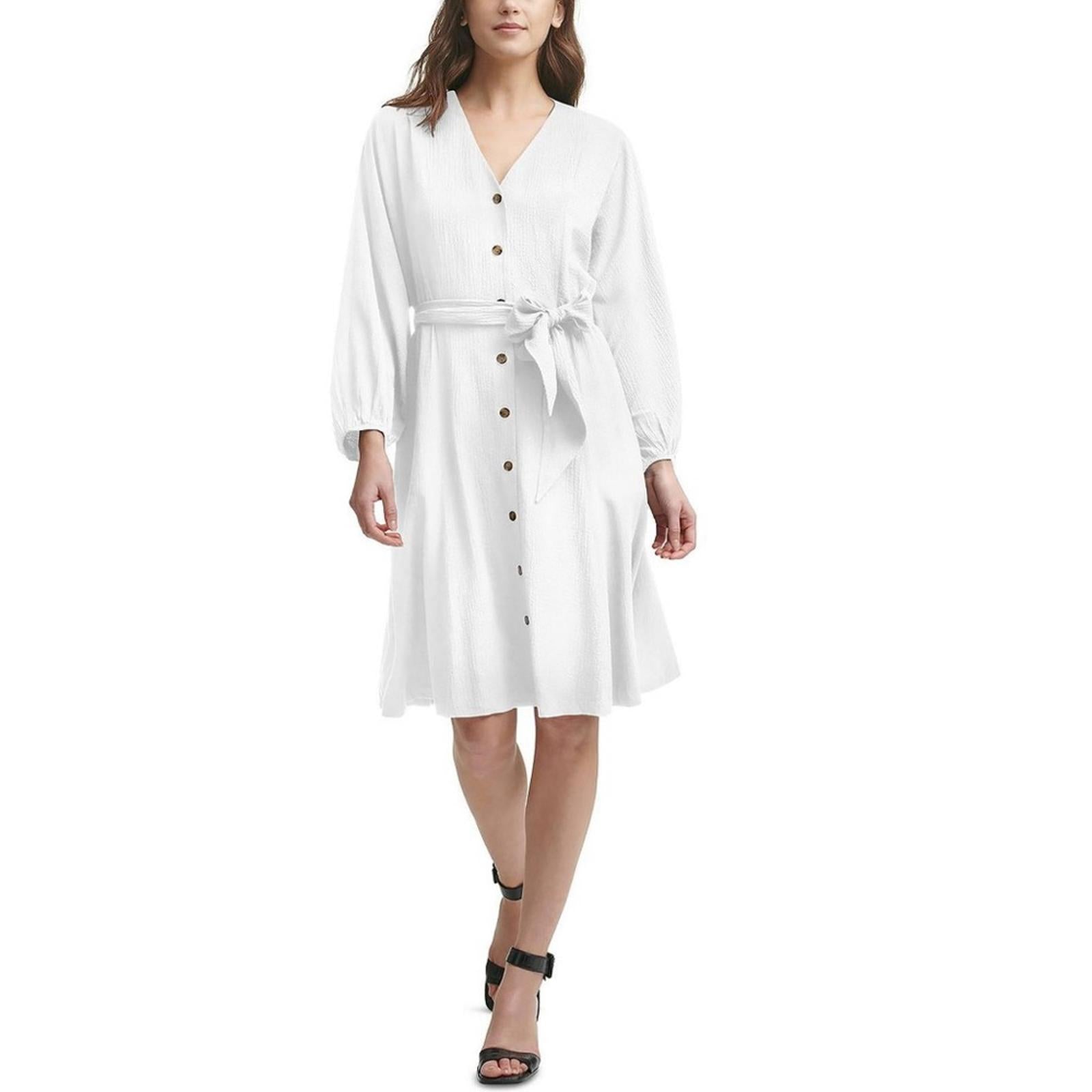 NEW Calvin Klein Button-Down Belted Shirtdress w/Pockets, White Size 2 NWT $134