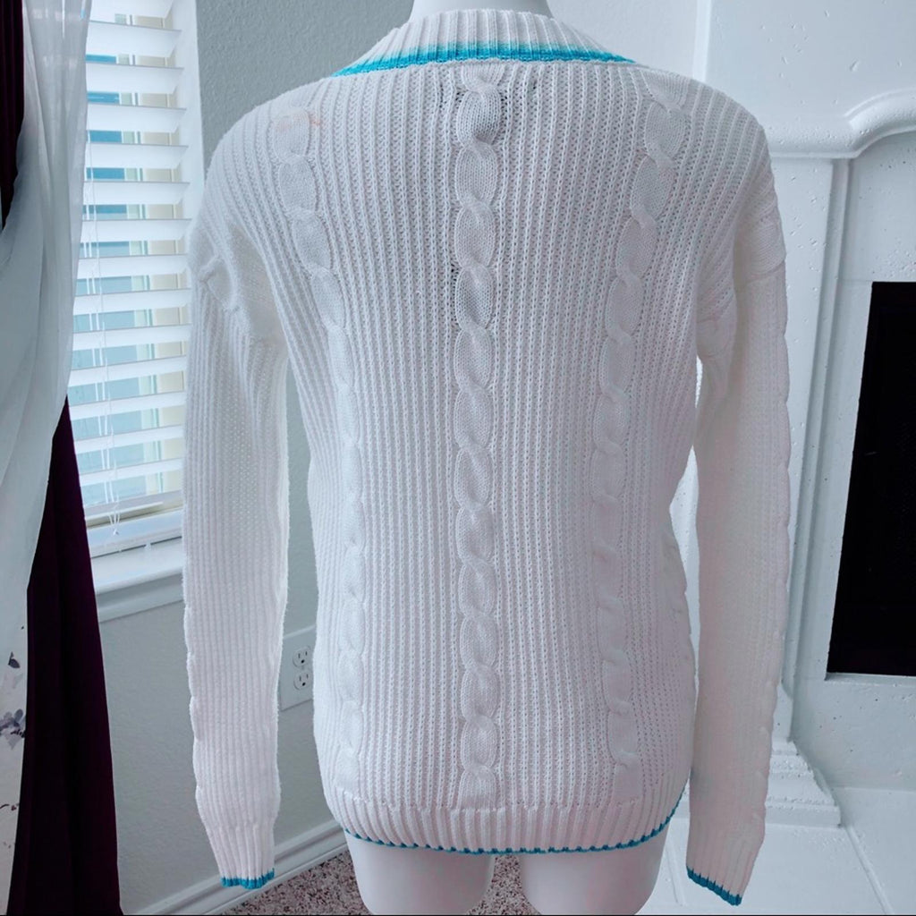 Prince & Fox Knit V-Neck Cable Knit Sweater White w/Blue Trim, Size S New w/Tag