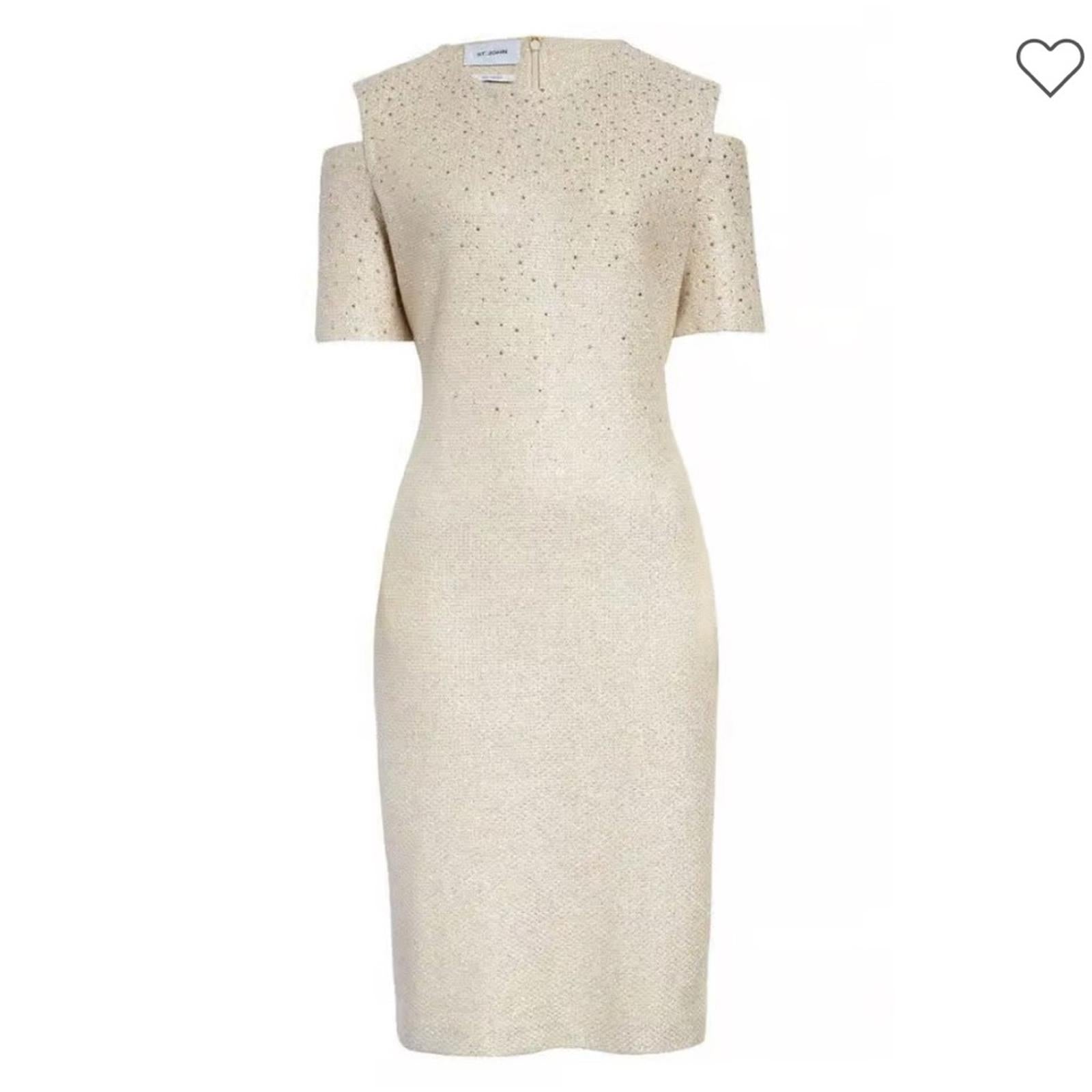 St.John Studded Cold-Shoulder Tweed Sheath Dress in Gold Multi Size 12 NWT $1795