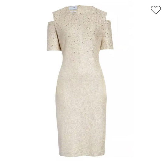 St.John Studded Cold-Shoulder Tweed Sheath Dress in Gold Multi Size 12 NWT $1795