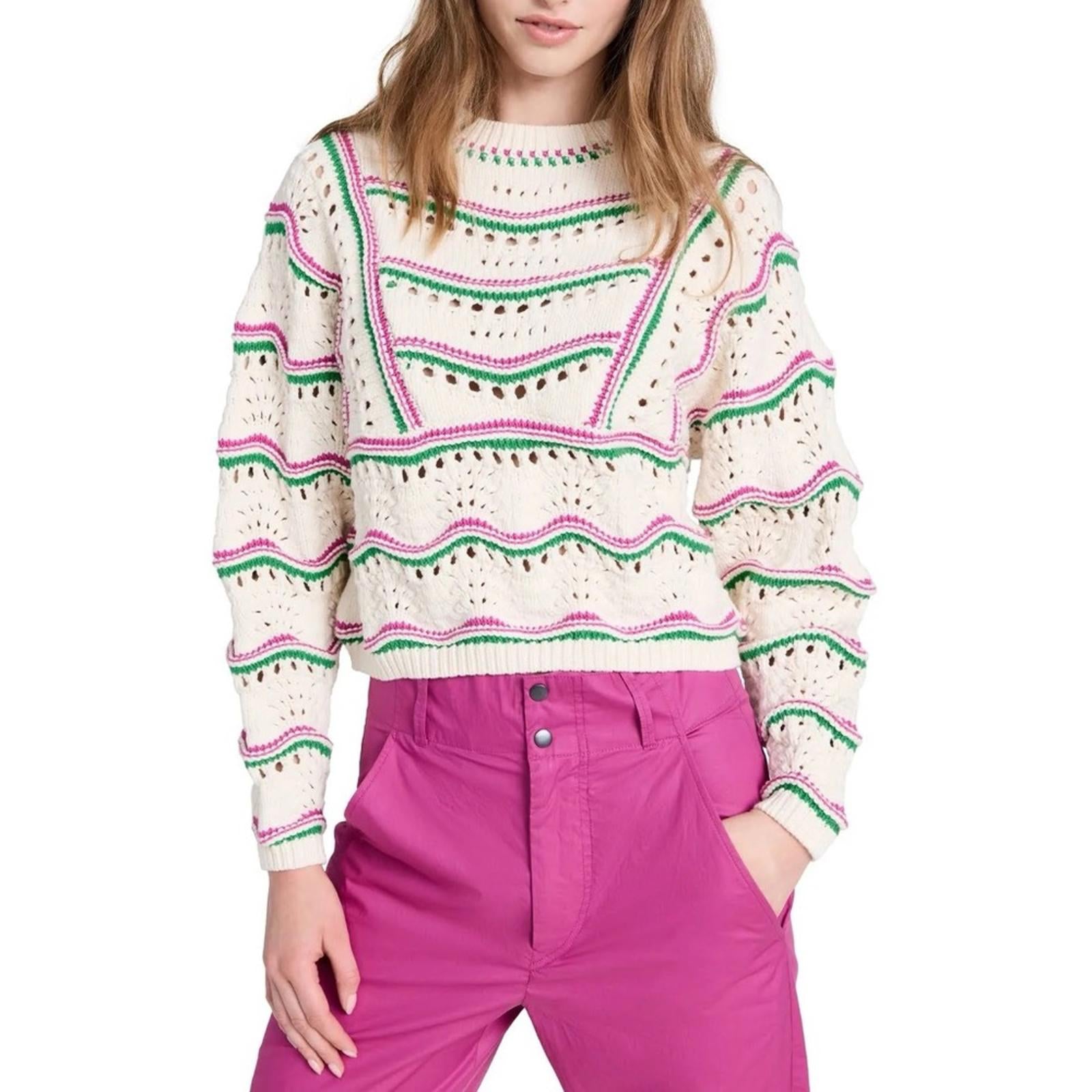 ba&sh Ecru Hicham Jumper Stripe Pointelle Sweater, Ivory Size XS Retail $336