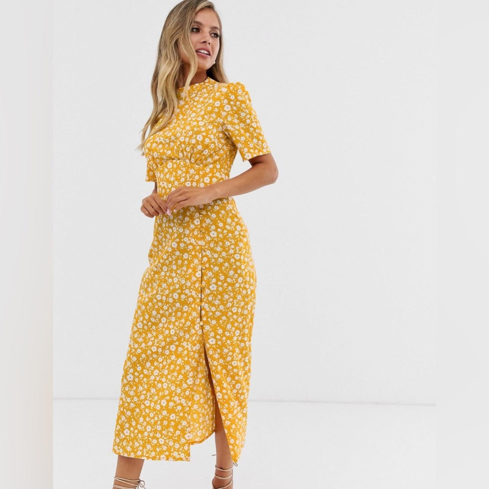 New ASOS Midi Tea Dress with Buttons, Mustard based Floral, Size US12, EU44