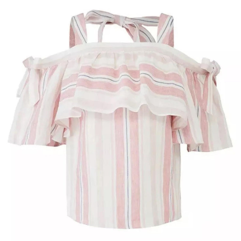Parker 100% Linen Striped Scotlyn Off-the-Shoulder Top, Pink/White Size S Retail