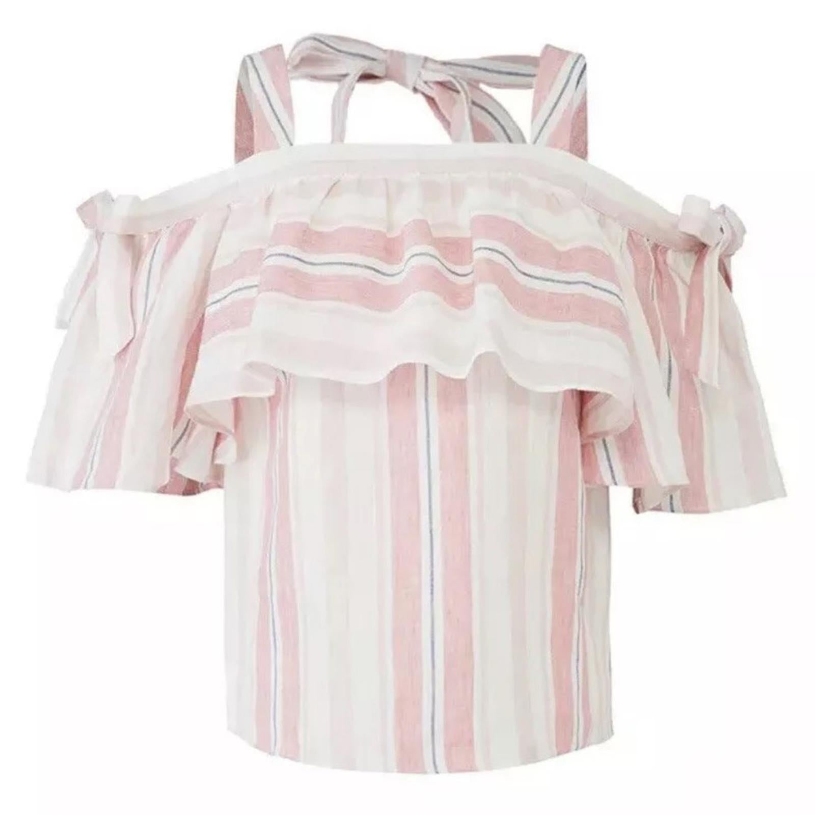Parker 100% Linen Striped Scotlyn Off-the-Shoulder Top, Pink/White Size S Retail