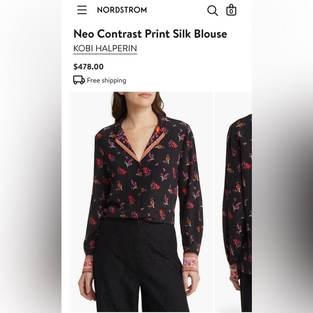 New Kobi Halperin Neo Silk Contrast Print Blouse, Size S New w/Tag $478