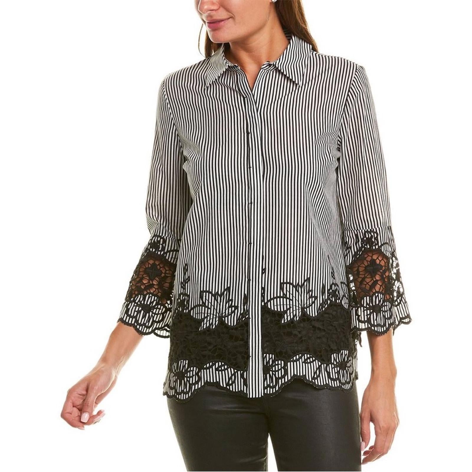 Ellie Tahari Clark Shirt Striped Lace Trim in Black & White New w/Tag $298