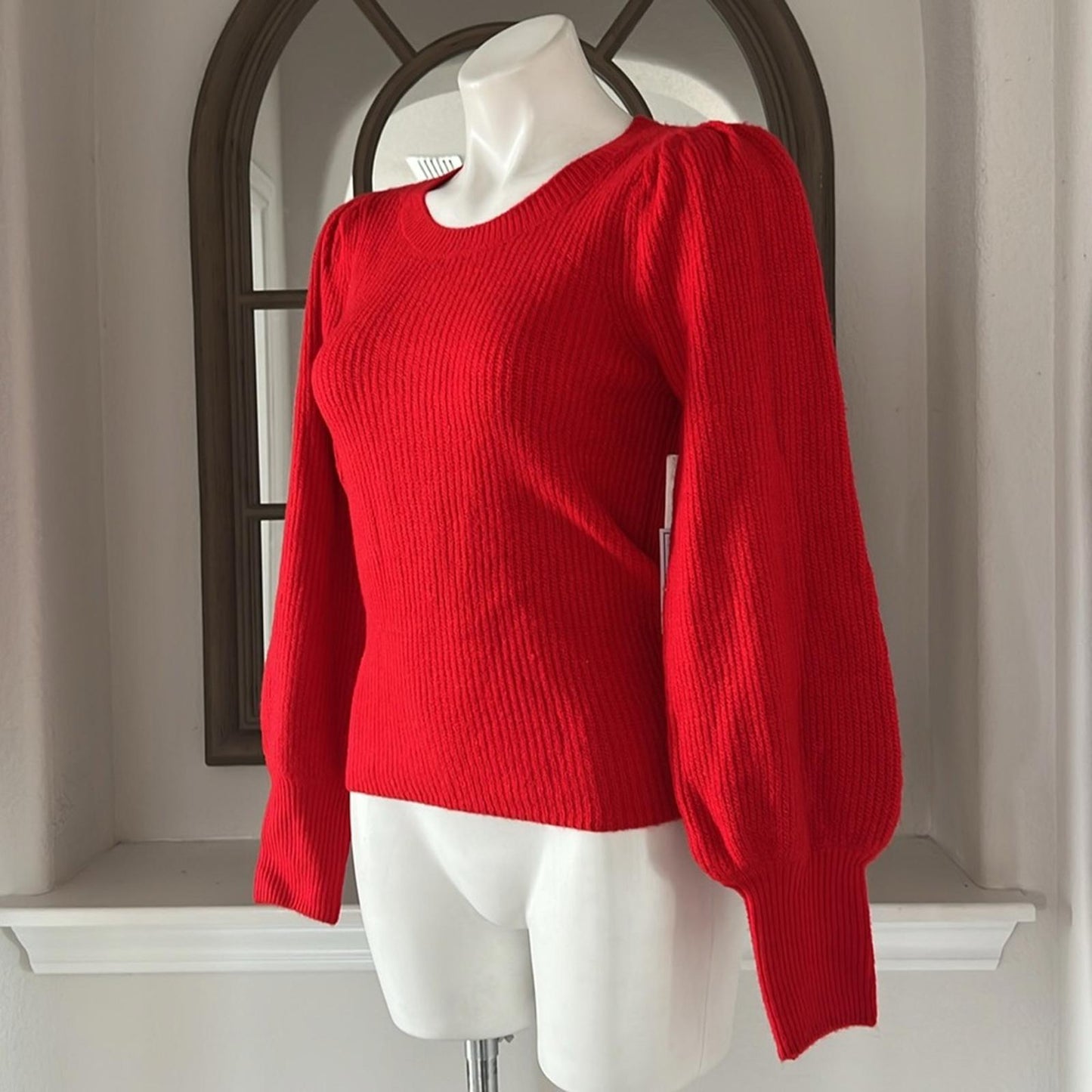 1.STATE Balloon Sleeve Crewneck Rib Sweater in Red, New, Size M