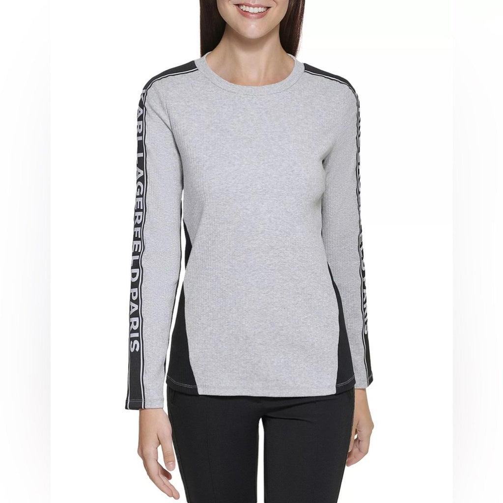 Karl Lagerfeld Paris Logo Tape Long Sleeve Tee, Grey Size S New w/Tag