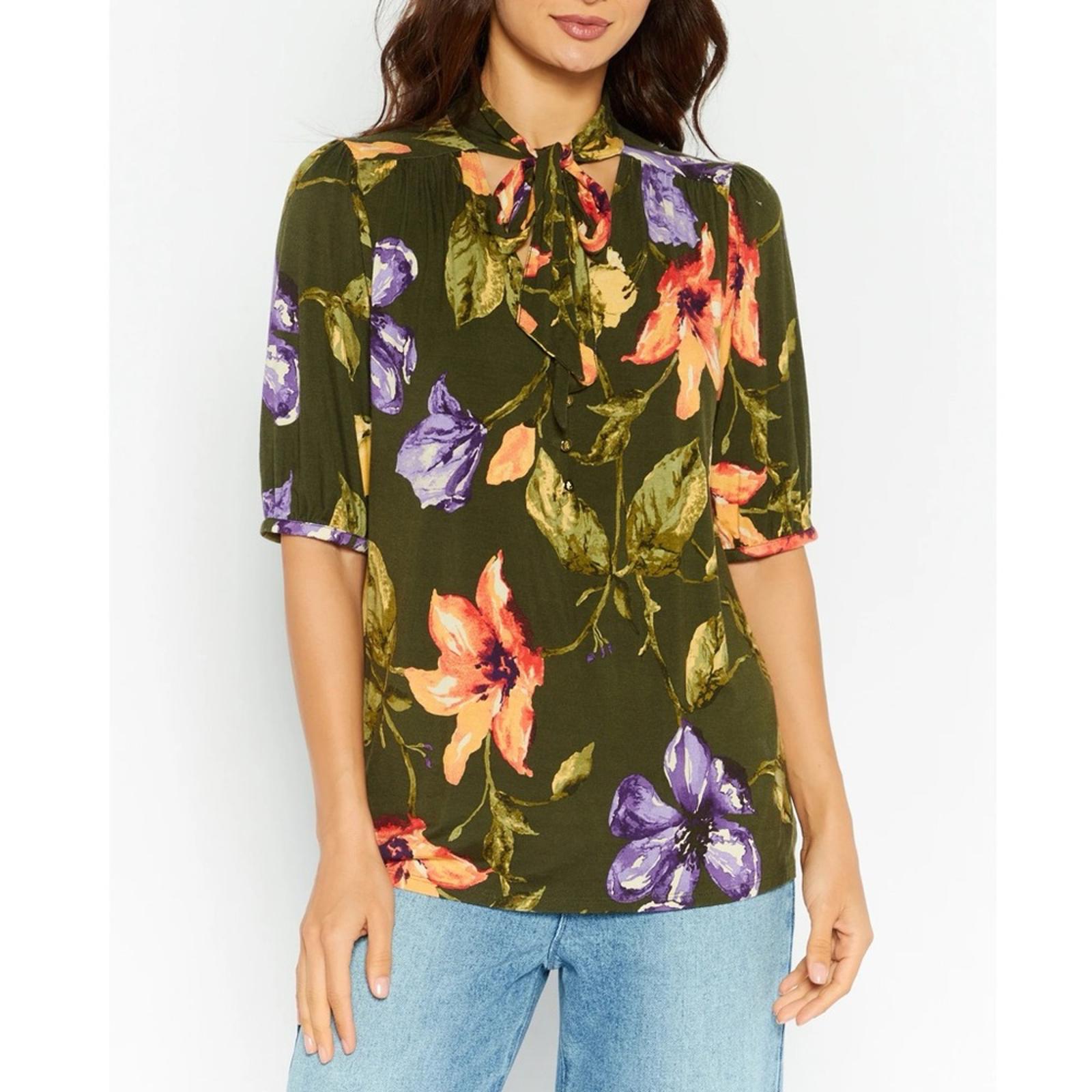 Ralph Lauren Floral Jersey Tie-Neck Blouse in Farm Olive, Plus Size XXL, NWT