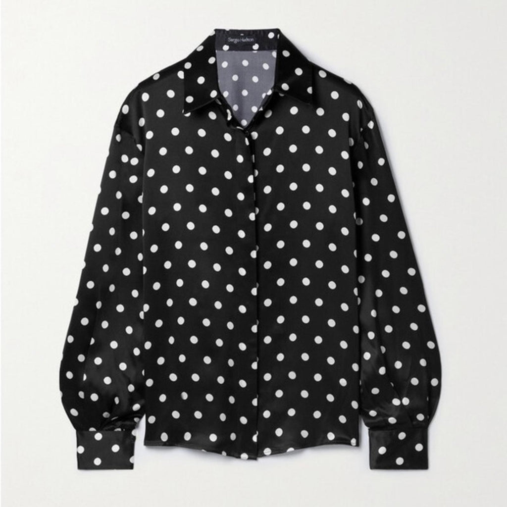 Sergio Hudson Polka Dot Silk Charmeuse Button-Up Blouse, Black/White XL NWT $795