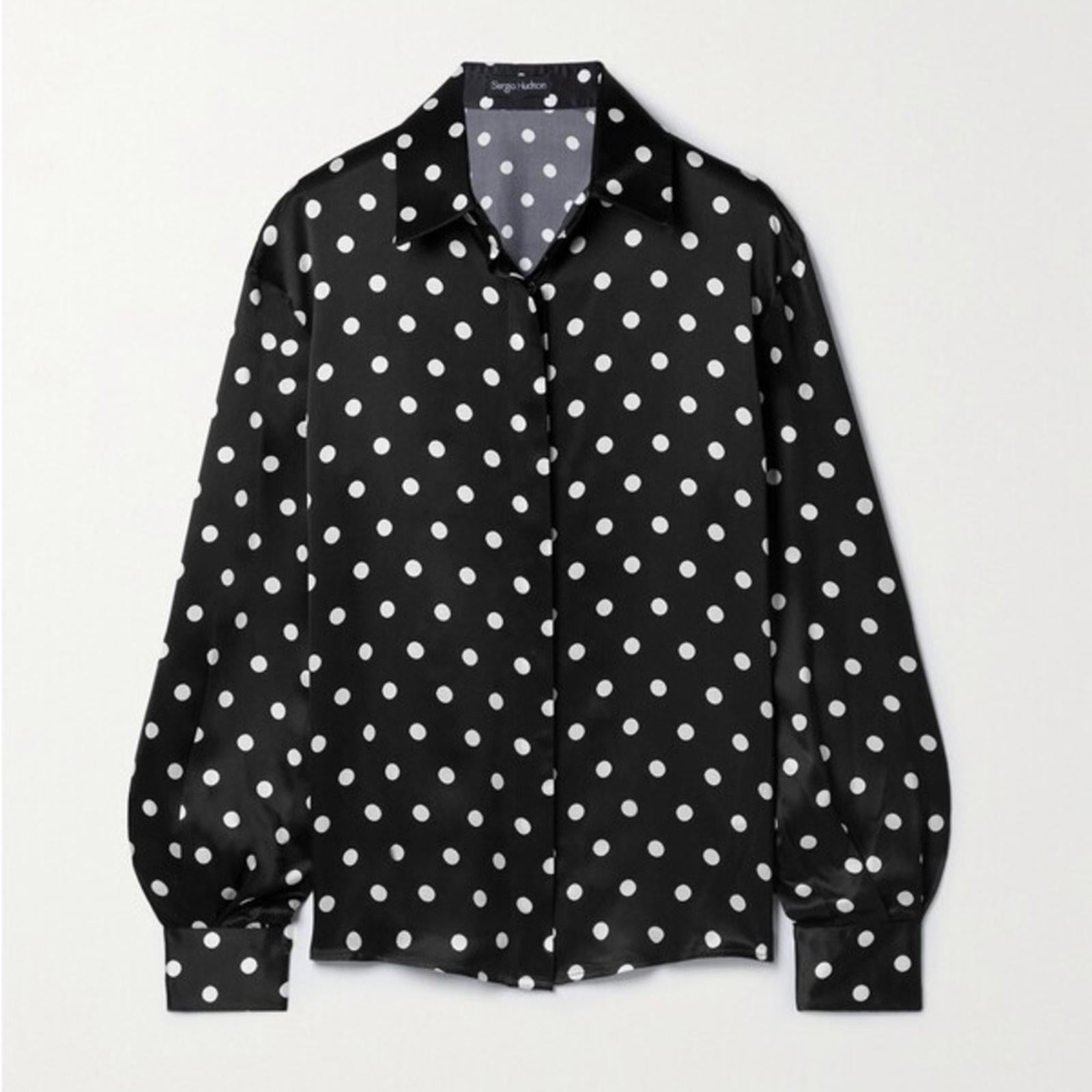 Sergio Hudson Polka Dot Silk Charmeuse Button-Up Blouse, Black/White XL NWT $795