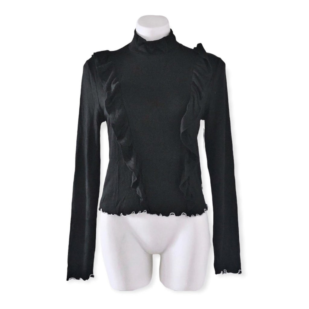 June & Hudson Mock Neck Sweater w/Ruffles Black w/ White Trim Size XL New w/Tag