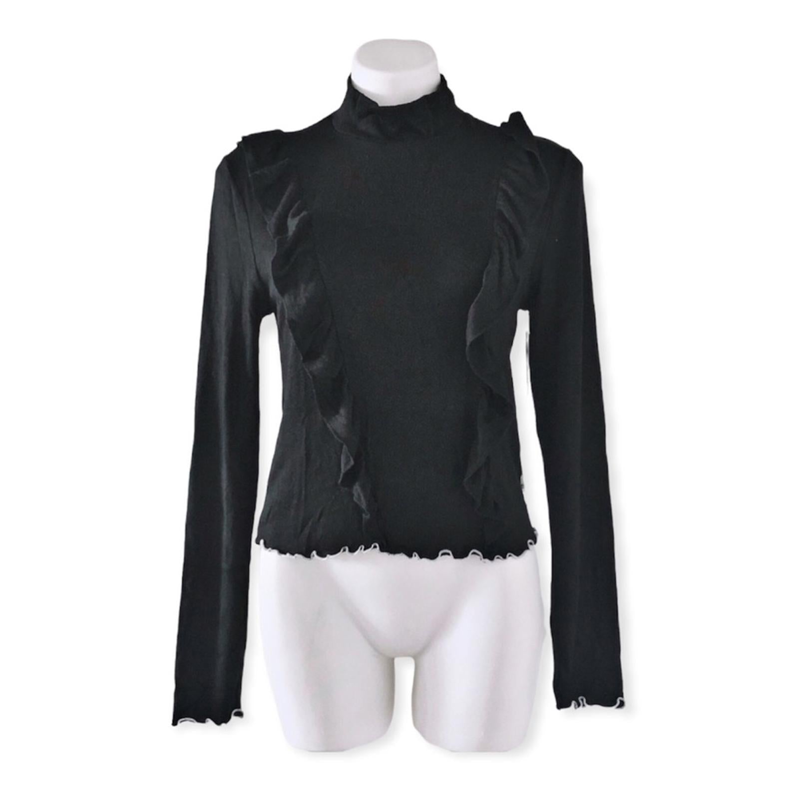 June & Hudson Mock Neck Sweater w/Ruffles Black w/ White Trim Size XL New w/Tag